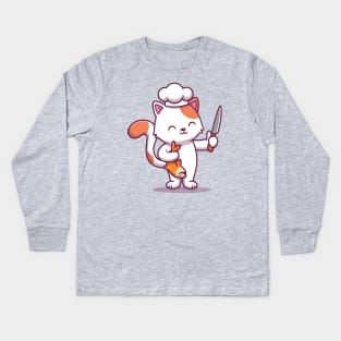 Cute Chef Cat Holding Fish And Knife Kids Long Sleeve T-Shirt